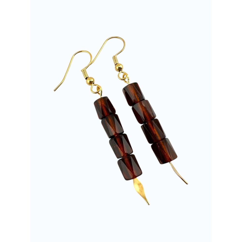 Amber Brown Czech Glass Earrings Gold Plated Faceted Dangle Minimalist Handmade - Picture 7 of 10